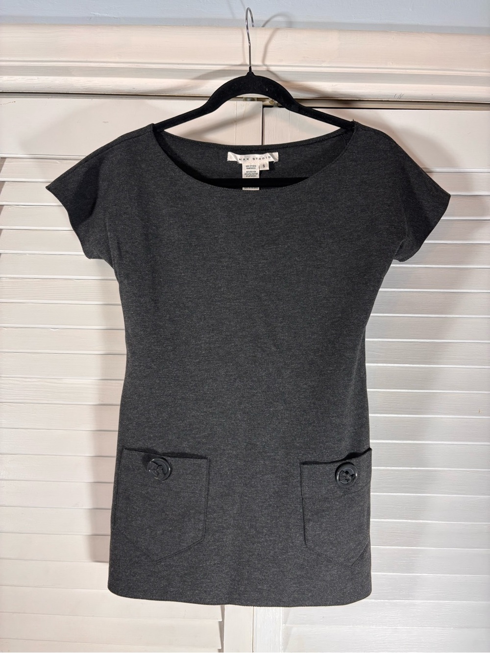 Max Studio Tunic Top Dark Gray Boat Neck Pocket Detail Small
